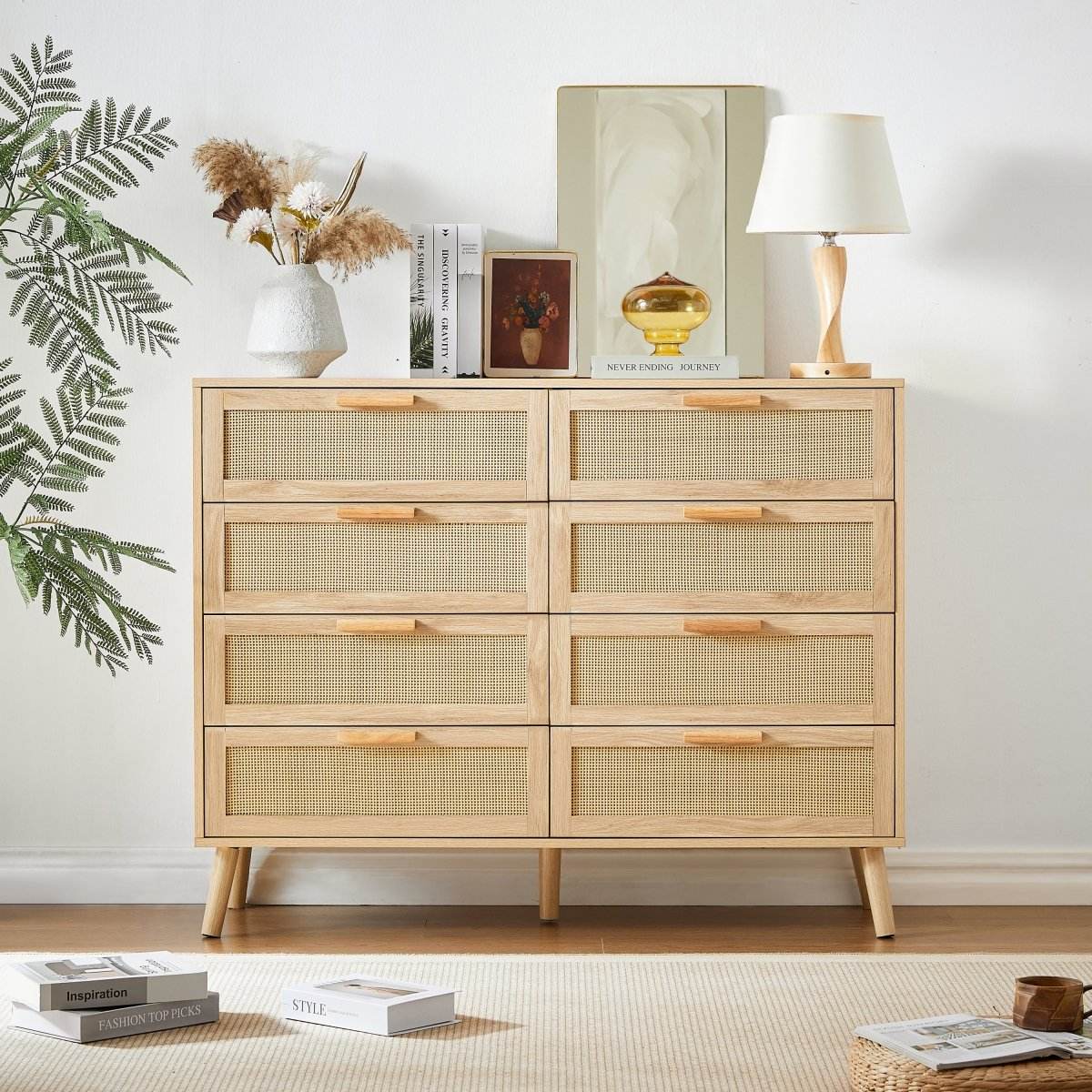 Natural Wood Cabinet With Rattan Drawers and Anti-Tip Safety - Sleep Galleria