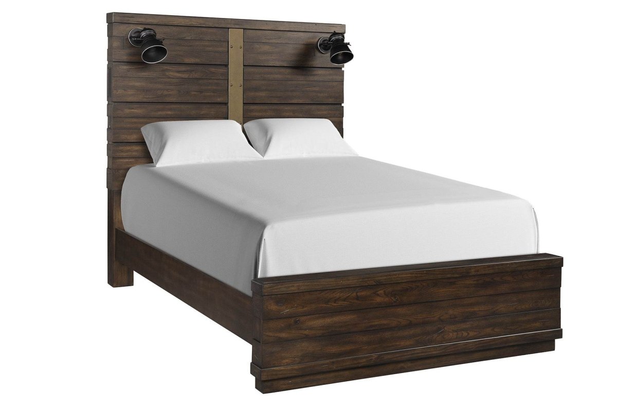 Queen Industrial Farmhouse Solid Wood Panel Bed With Bluetooth - Zenvia - Omega Lifestyles