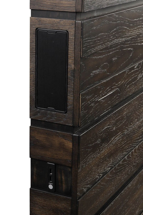 Queen Industrial Farmhouse Solid Wood Panel Bed With Bluetooth - Zenvia - Omega Lifestyles