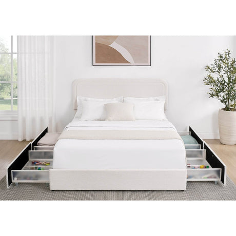 Queen Ivory Boucle Upholstered Platform Bed Frame With Storage - Zenvia - Omega Lifestyles
