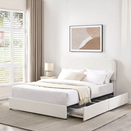 Queen Ivory Boucle Upholstered Platform Bed Frame With Storage - Zenvia - Omega Lifestyles
