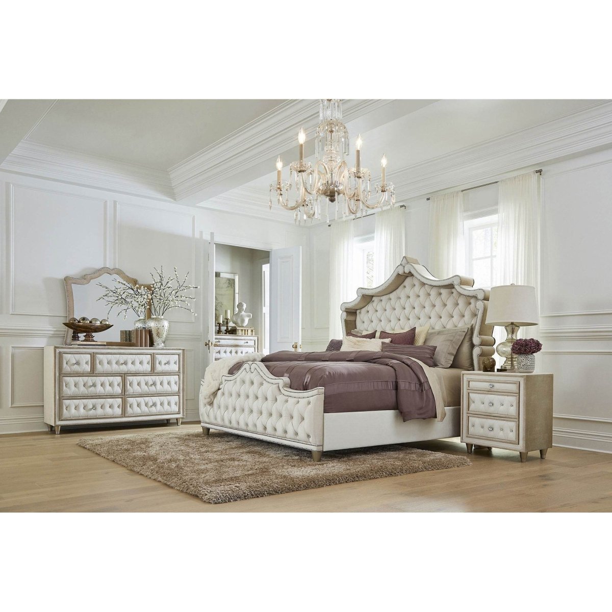 Queen Ivory Velvet Upholstered Tufted Panel Bed - Zenvia - Omega Lifestyles