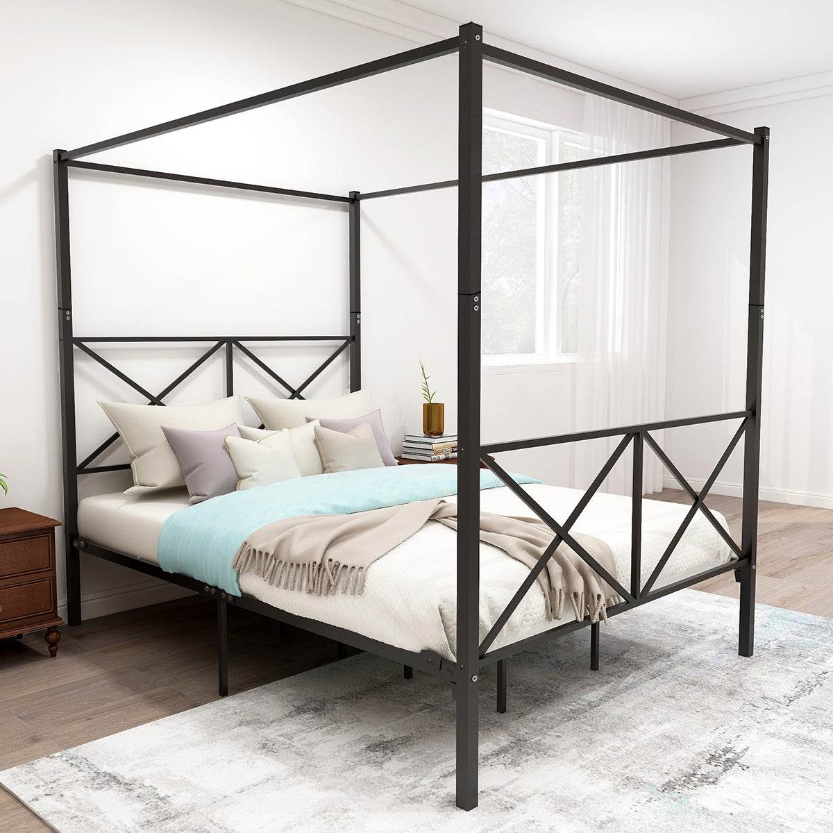 Queen Metal Canopy Bed Frame With Ornate European Design - Zenvia - Omega Lifestyles