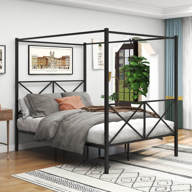 Queen Metal Canopy Bed Frame With Ornate European Design - Omega Lifestyles