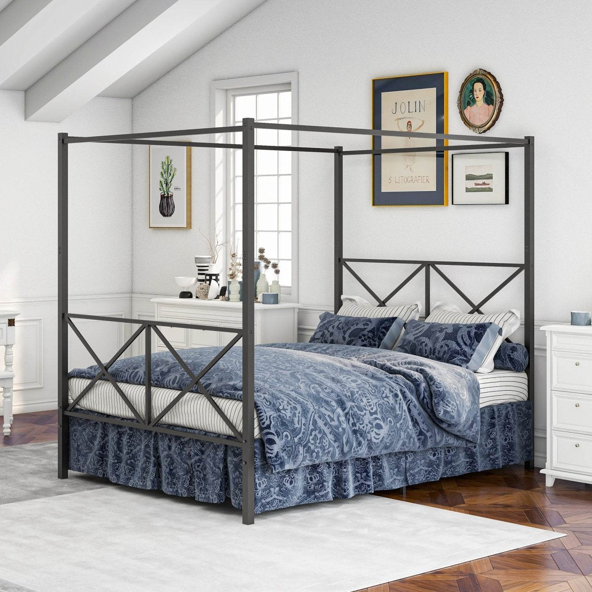 Queen Metal Canopy Bed Frame With Ornate European Design - Zenvia - Omega Lifestyles