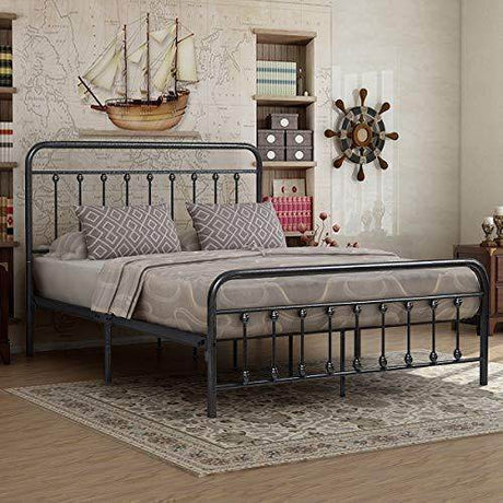 Queen Victorian Style Metal Bed Frame Platform No Box Spring - Zenvia - Omega Lifestyles