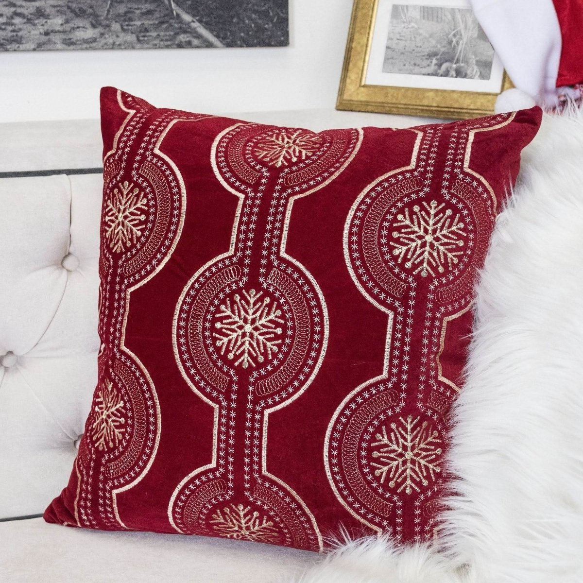 Red Embroidered Velvet Holiday Throw Pillow 20x20 - Zenvia - Omega Lifestyles