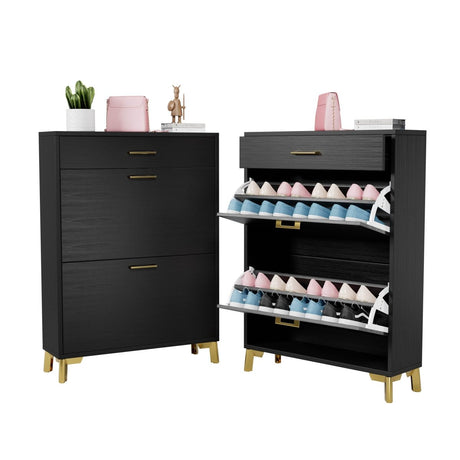 Space-Saving Black MDF Shoe Storage Cabinet With Drawers - Sleep Galleria