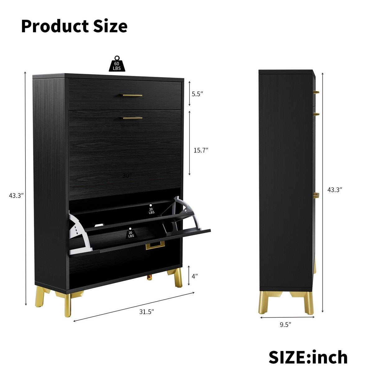 Space-Saving Black MDF Shoe Storage Cabinet With Drawers - Sleep Galleria