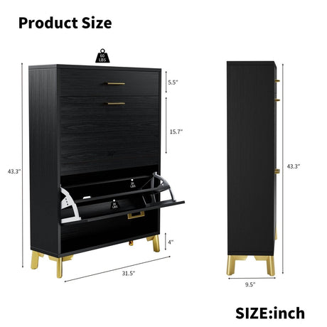 Space-Saving Black MDF Shoe Storage Cabinet With Drawers - Sleep Galleria