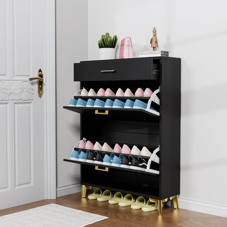 Space-Saving Black MDF Shoe Storage Cabinet With Drawers - Sleep Galleria