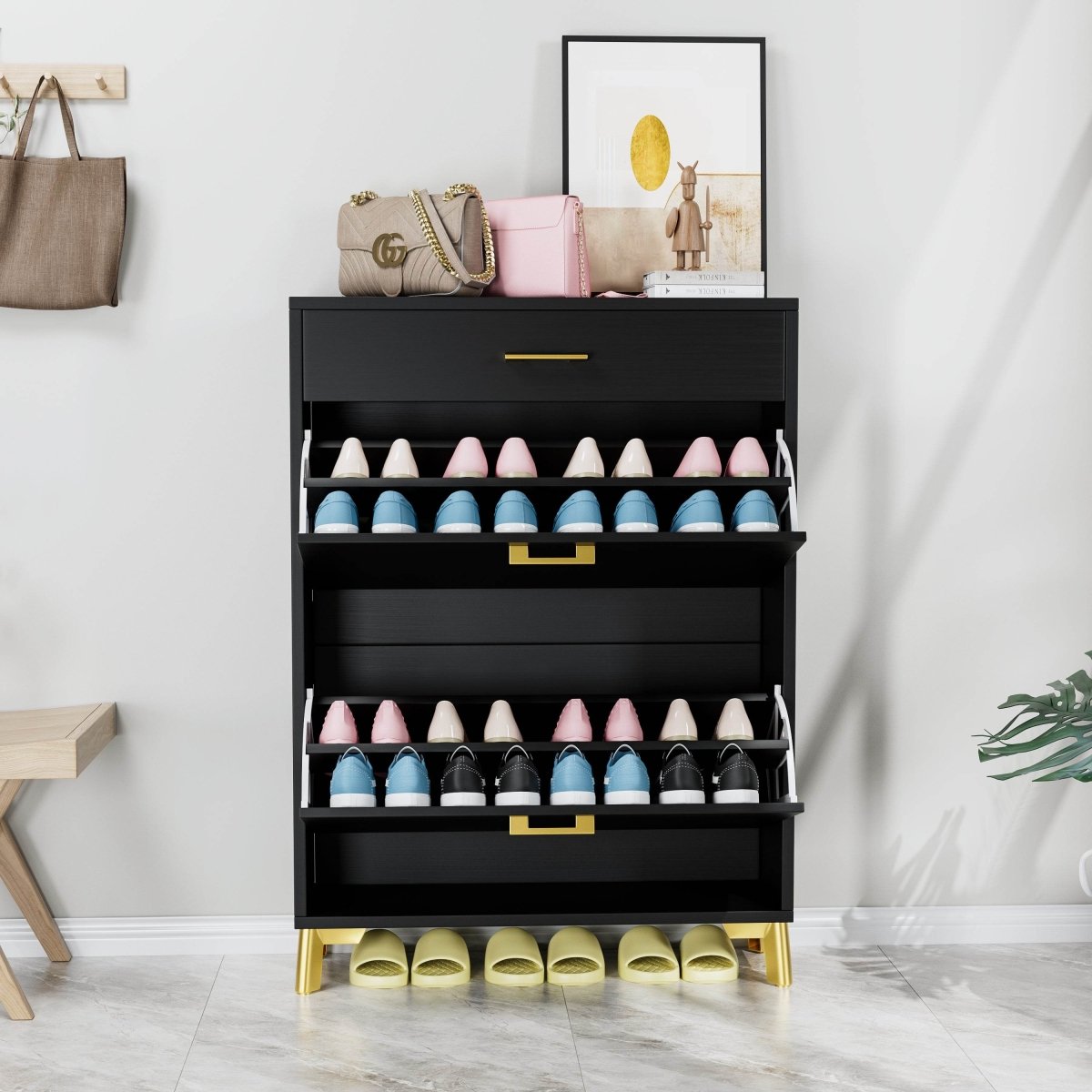 Space-Saving Black MDF Shoe Storage Cabinet With Drawers - Sleep Galleria