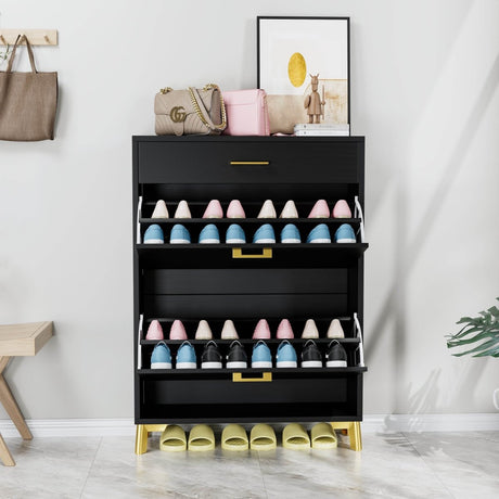 Space-Saving Black MDF Shoe Storage Cabinet With Drawers - Sleep Galleria