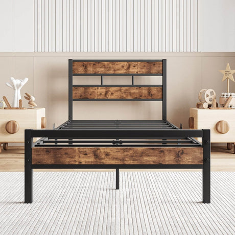 Twin Industrial Metal Wood Platform Bed Frame - Zenvia - Omega Lifestyles
