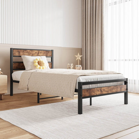 Twin Industrial Metal Wood Platform Bed Frame - Zenvia - Omega Lifestyles