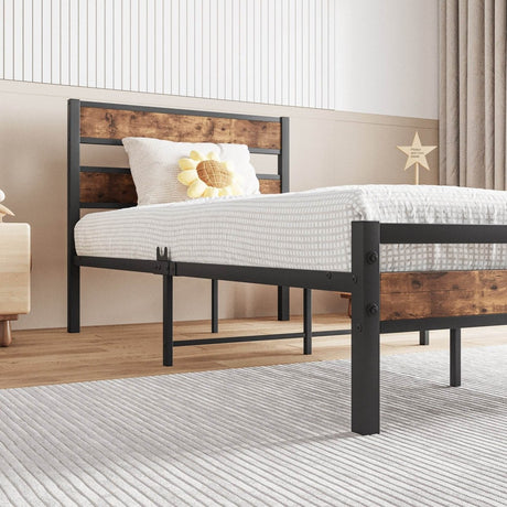 Twin Industrial Metal Wood Platform Bed Frame - Zenvia - Omega Lifestyles