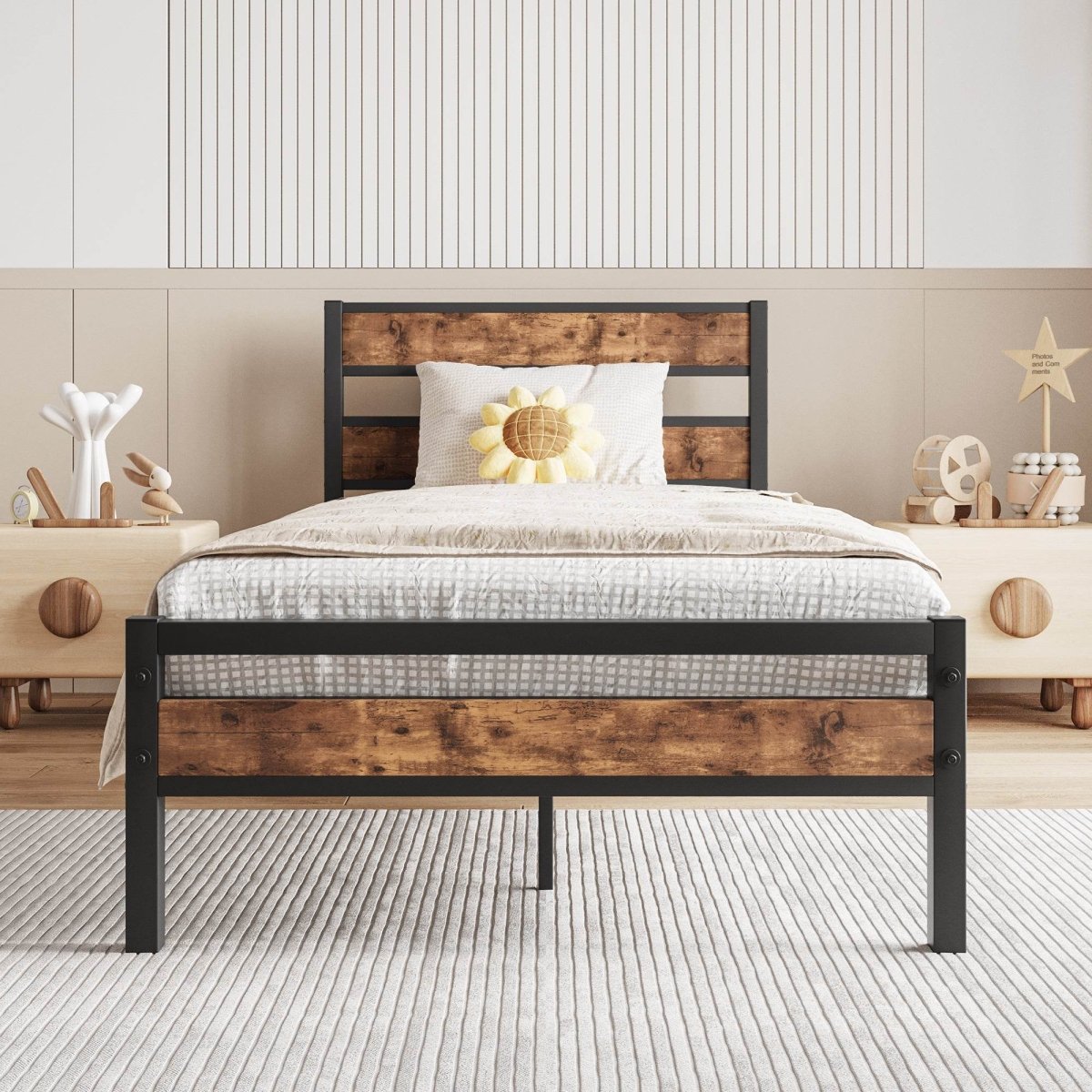 Twin Industrial Metal Wood Platform Bed Frame - Zenvia - Omega Lifestyles