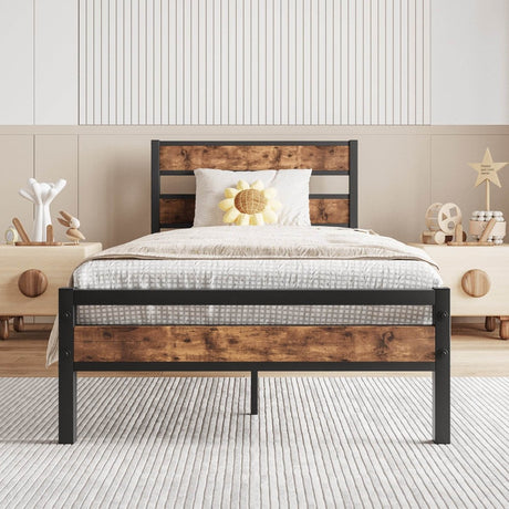 Twin Industrial Metal Wood Platform Bed Frame - Zenvia - Omega Lifestyles