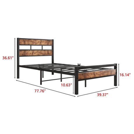 Twin Industrial Metal Wood Platform Bed Frame - Zenvia - Omega Lifestyles