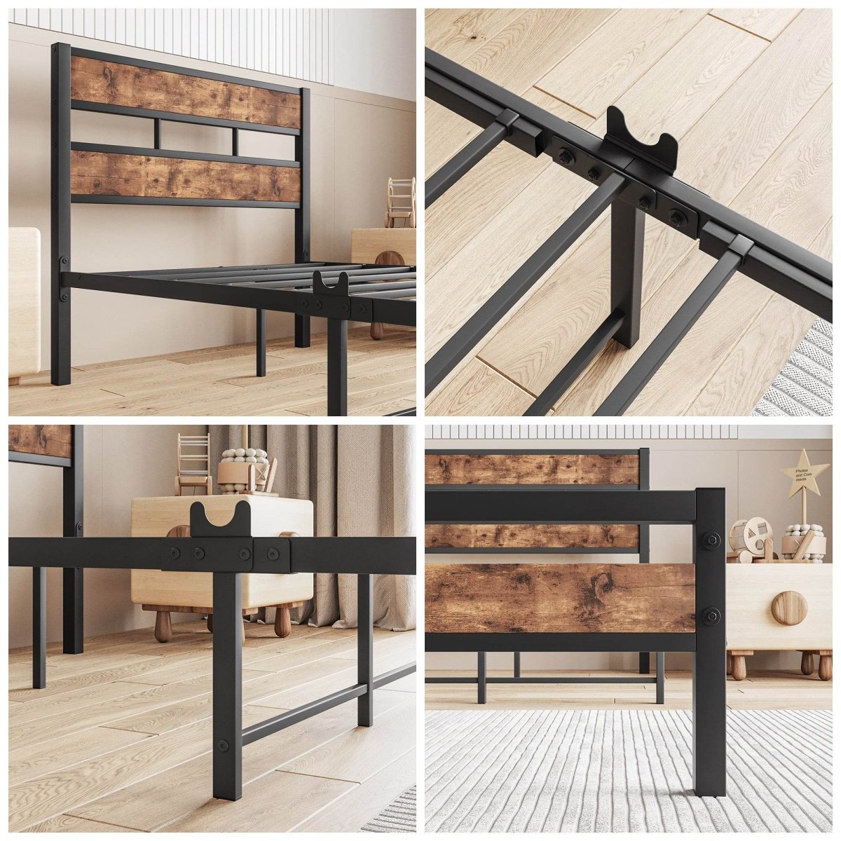 Twin Industrial Metal Wood Platform Bed Frame - Zenvia - Omega Lifestyles