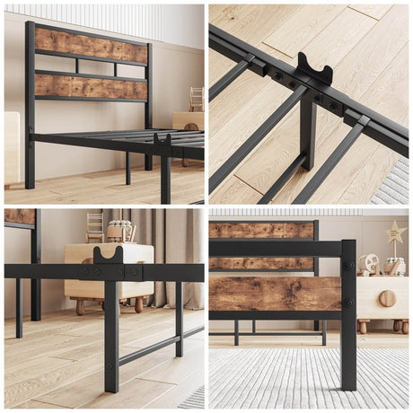Twin Industrial Metal Wood Platform Bed Frame - Zenvia - Omega Lifestyles