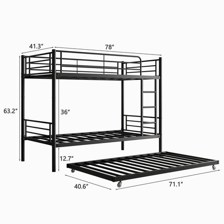 Twin Metal Bunk Bed With Trundle Ladder And Guardrail - Zenvia - Omega Lifestyles