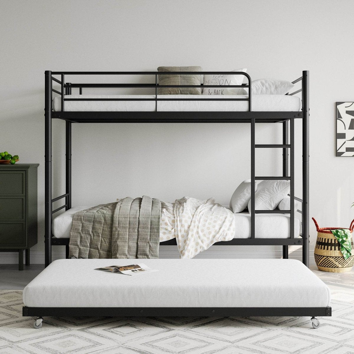 Twin Metal Bunk Bed With Trundle Ladder And Guardrail - Zenvia - Omega Lifestyles