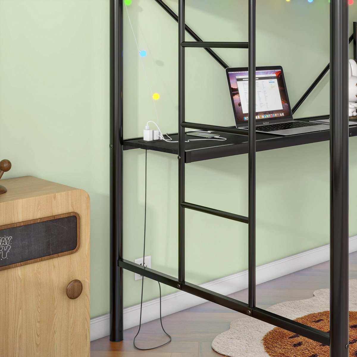 Twin Metal Loft Bed Frame With Desk And Power Outlet - Zenvia - Omega Lifestyles