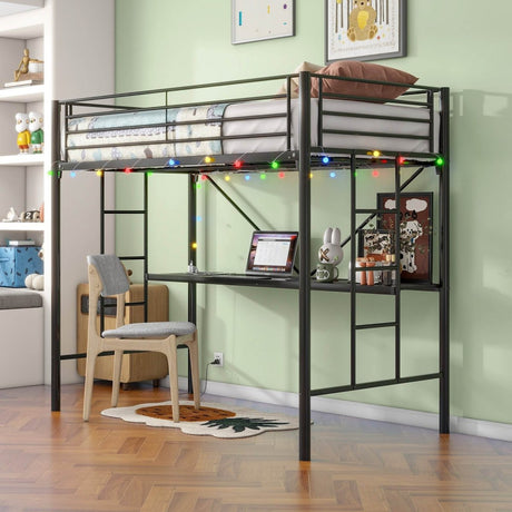 Twin Metal Loft Bed Frame With Desk And Power Outlet - Zenvia - Omega Lifestyles
