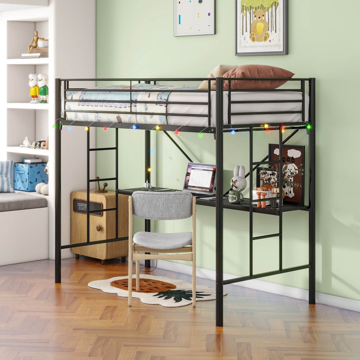 Twin Metal Loft Bed Frame With Desk And Power Outlet - Zenvia - Omega Lifestyles