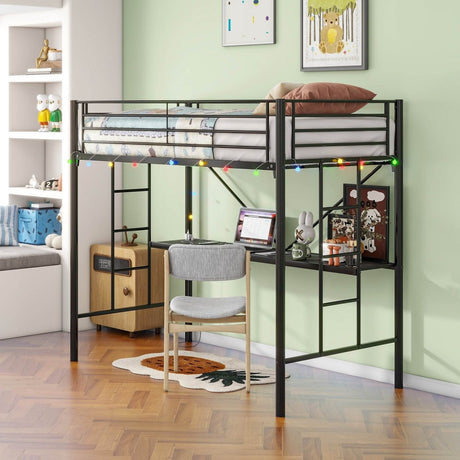 Twin Metal Loft Bed Frame With Desk And Power Outlet - Zenvia - Omega Lifestyles