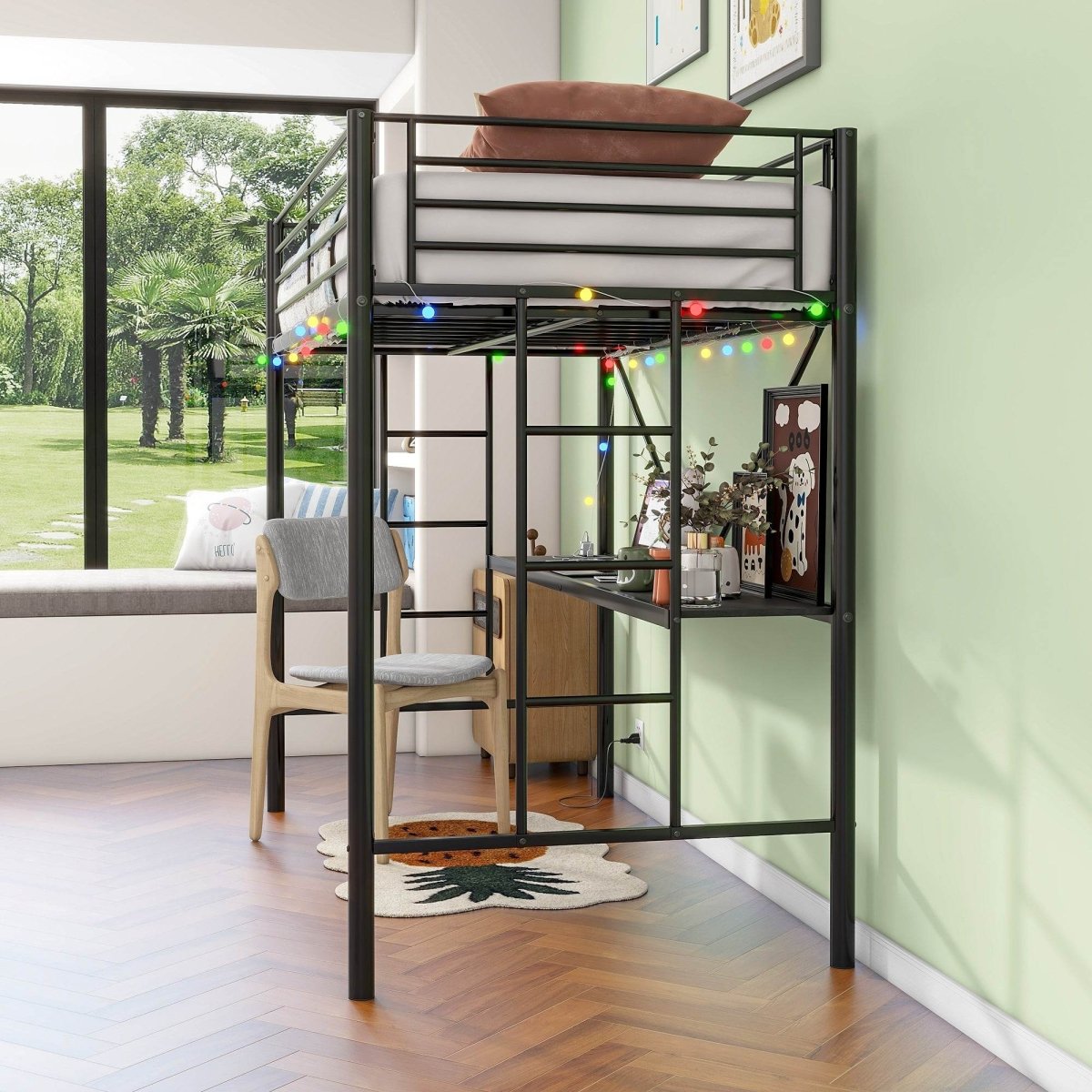 Twin Metal Loft Bed Frame With Desk And Power Outlet - Zenvia - Omega Lifestyles