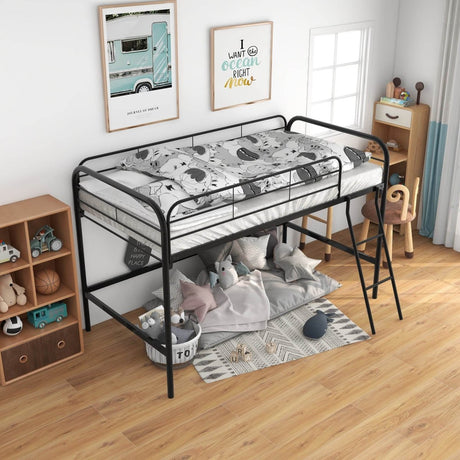 Twin Metal Loft Bed Frame With Guardrails And Ladder - Zenvia - Omega Lifestyles