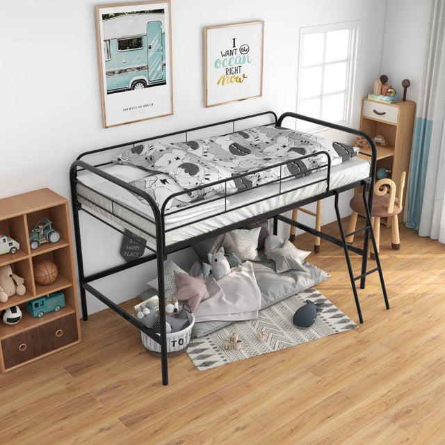Twin Metal Loft Bed Frame With Guardrails And Ladder - Zenvia - Omega Lifestyles