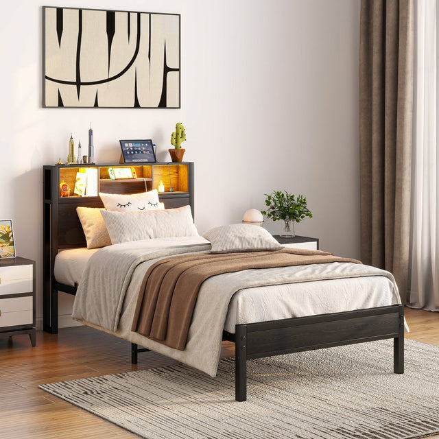 Twin Metal Platform Bed Frame With Storage Headboard - Zenvia - Omega Lifestyles