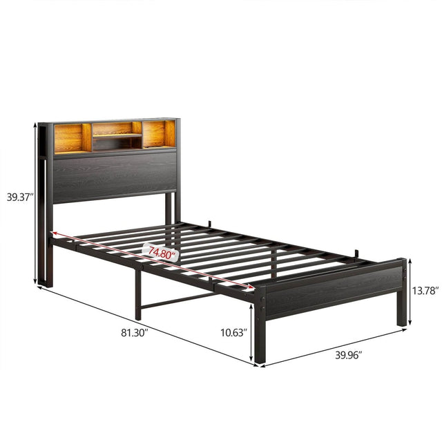 Twin Metal Platform Bed Frame With Storage Headboard - Omega Lifestyles