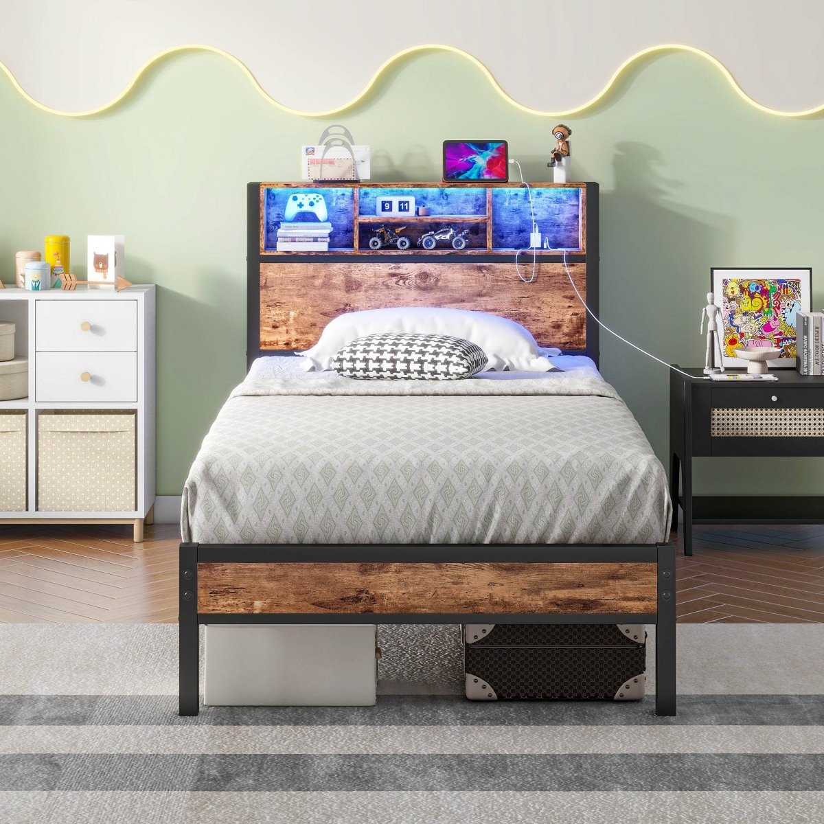 Twin Metal Platform Bed Frame With Storage Headboard Charging - Zenvia - Omega Lifestyles