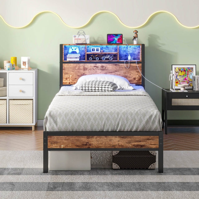 Twin Metal Platform Bed Frame With Storage Headboard Charging - Omega Lifestyles