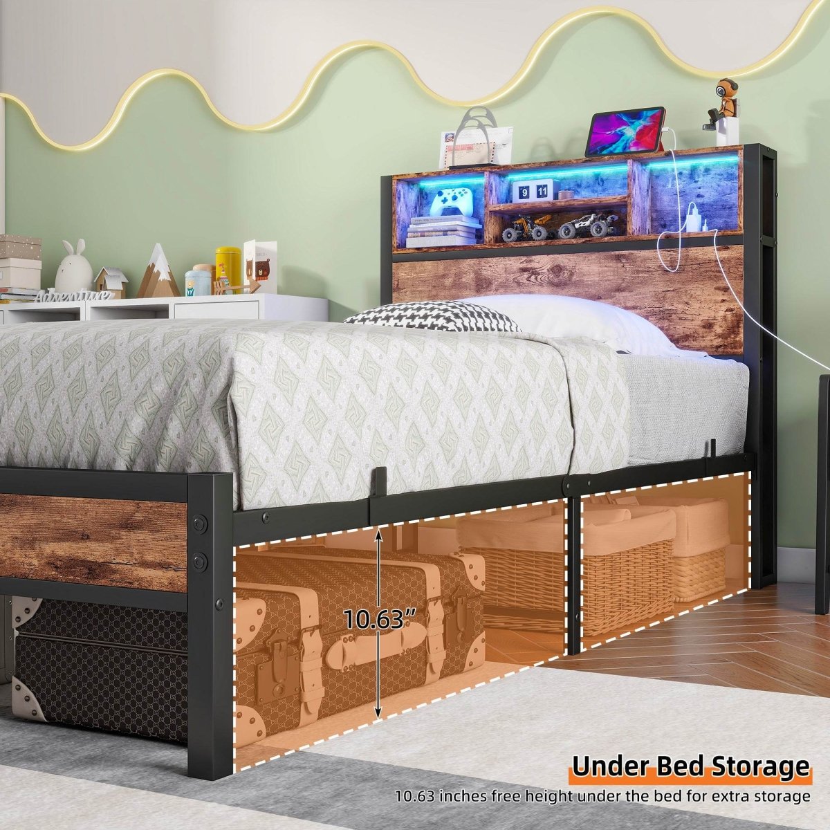 Twin Metal Platform Bed Frame With Storage Headboard Charging - Zenvia - Omega Lifestyles