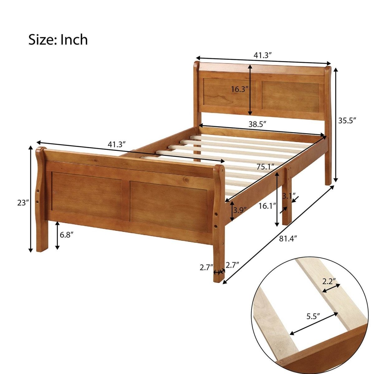Twin Solid Wood Sleigh Platform Bed Frame - Zenvia - Omega Lifestyles