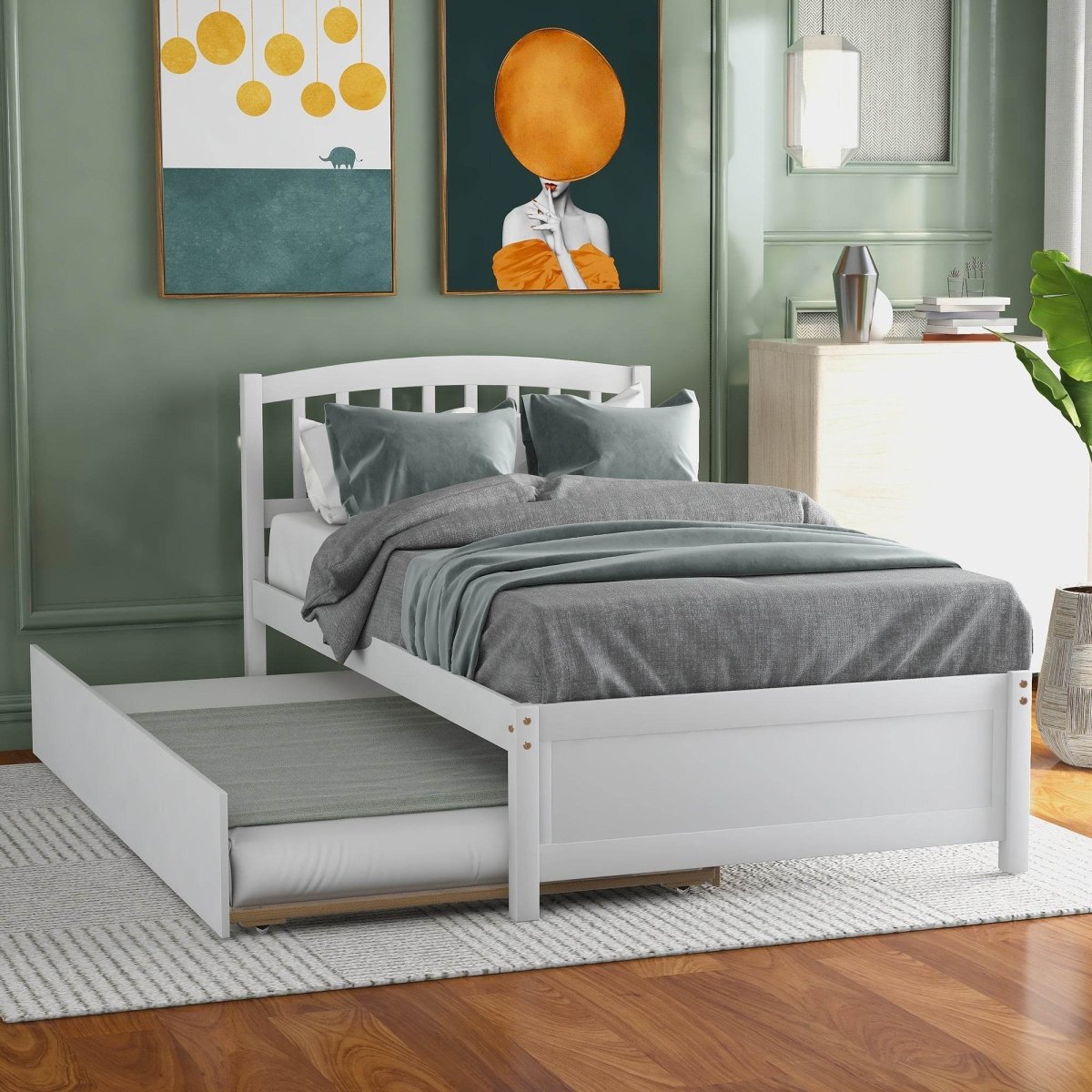 Twin White Solid Wood Platform Bed Frame With Trundle - Zenvia - Omega Lifestyles