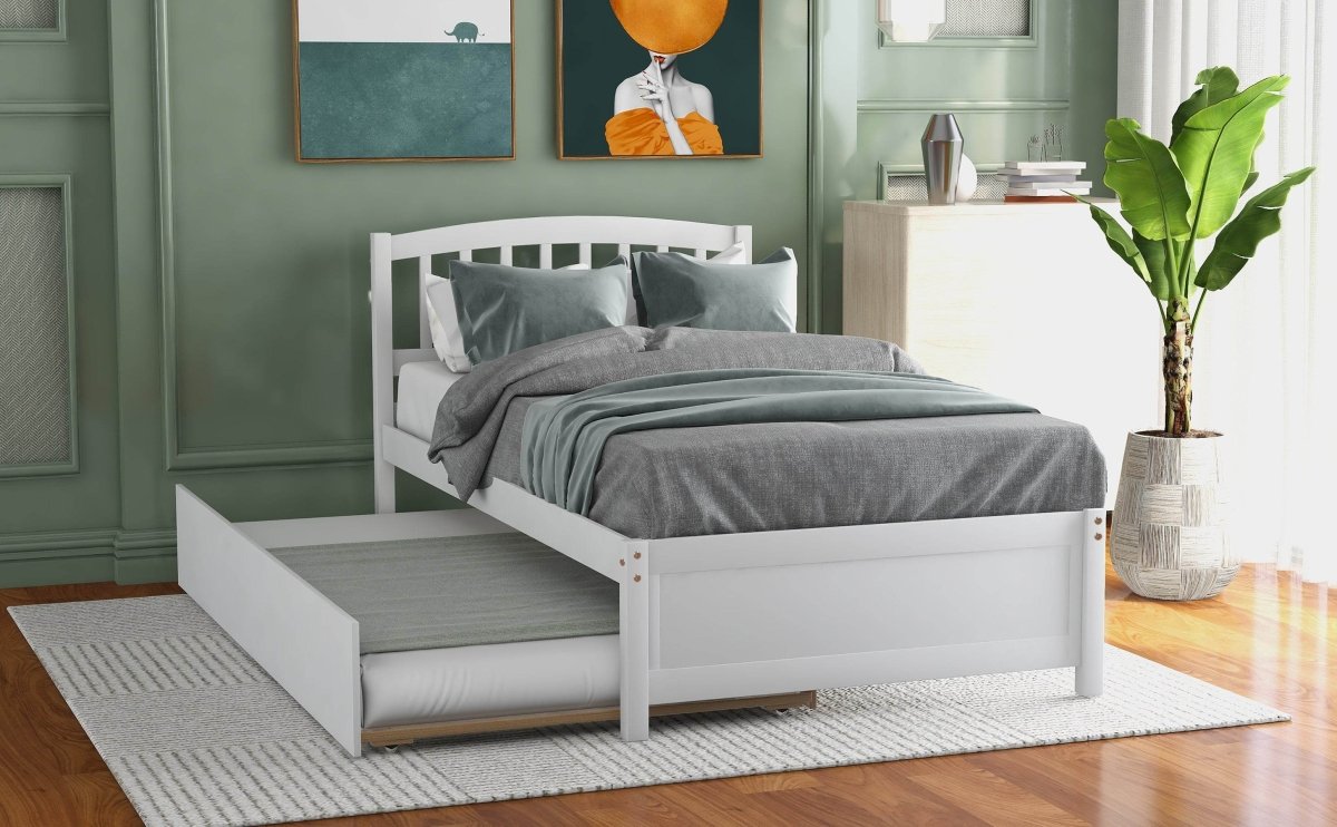 Twin White Solid Wood Platform Bed Frame With Trundle - Zenvia - Omega Lifestyles