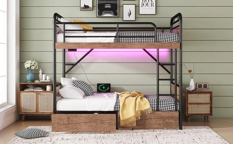 Twin XL Metal Bunk Bed With LED Lights And Storage Drawers - Omega Lifestyles