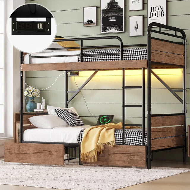 Twin XL Metal Bunk Bed With LED Lights And Storage Drawers - Omega Lifestyles