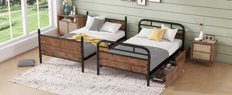 Twin XL Metal Bunk Bed With LED Lights And Storage Drawers - Omega Lifestyles