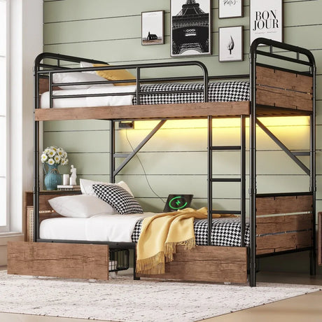 Twin XL Metal Bunk Bed With LED Lights And Storage Drawers - Omega Lifestyles