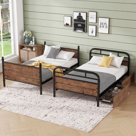 Twin XL Metal Bunk Bed With LED Lights And Storage Drawers - Omega Lifestyles