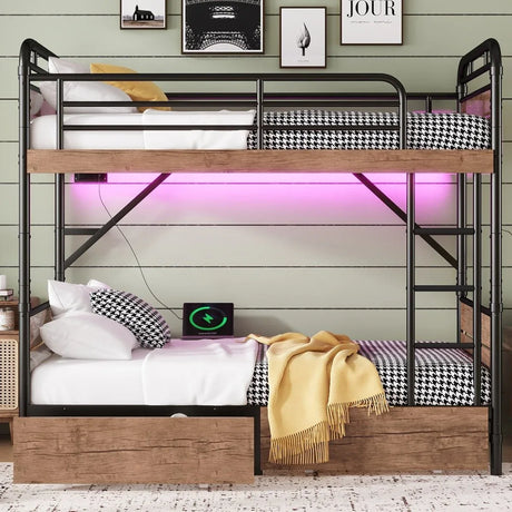 Twin XL Metal Bunk Bed With LED Lights And Storage Drawers - Omega Lifestyles
