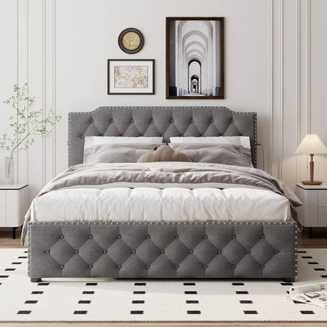 Upholstered Linen Platform Bed With Twin Trundle And USB Ports - Sleep Galleria