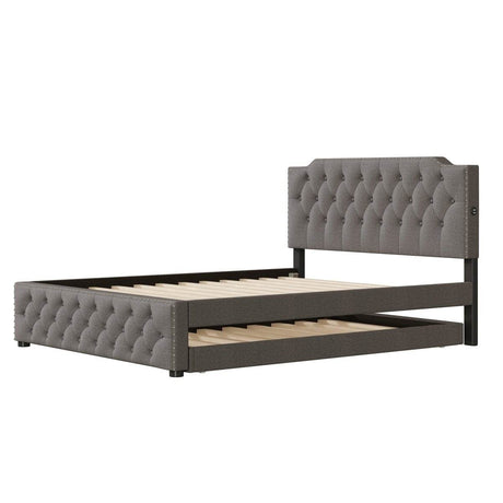 Upholstered Linen Platform Bed With Twin Trundle And USB Ports - Sleep Galleria